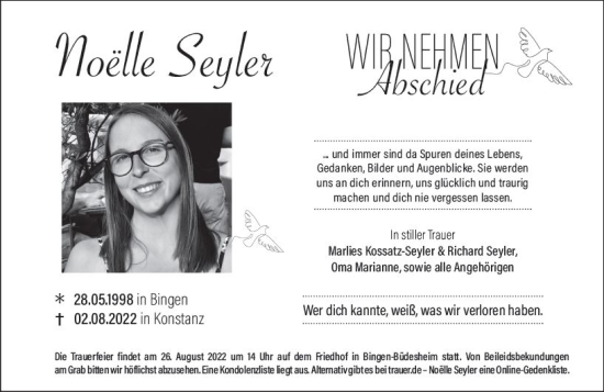 Traueranzeige von Noelle Seyler von vrm-trauer Allgemeine  Zeitung Ingelheim-Bingen