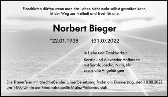Traueranzeige von Norbert Bieger von vrm-trauer AZ Mainz