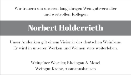 Traueranzeige von Norbert Holderrieth von vrm-trauer Wiesbadener Kurier