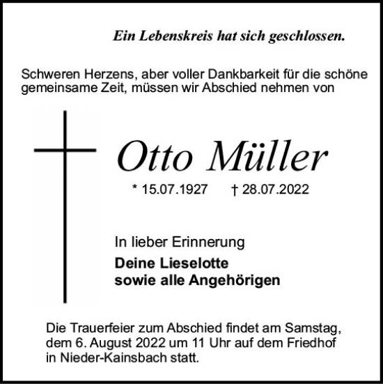 Traueranzeige von Otto Müller von vrm-trauer Odenwälder Echo