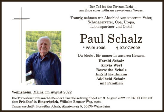 Traueranzeige von Paul Schalz von vrm-trauer Allgemeine  Zeitung Ingelheim-Bingen