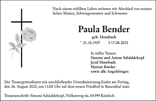 Traueranzeige von Paula Bender von vrm-trauer Wiesbadener Kurier