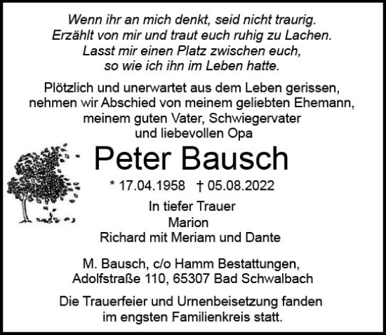 Traueranzeige von Peter Bausch von vrm-trauer WK-UTA