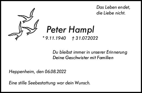 Traueranzeige von Peter Hampl von vrm-trauer Bürstädter/Lamperth. Ztg/Starkenburger