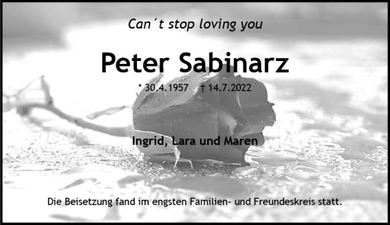 Traueranzeige von Peter Sabinarz von vrm-trauer AZ Mainz