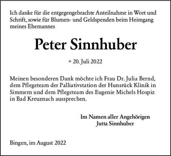 Traueranzeige von Peter Sinnhuber von vrm-trauer Allgemeine  Zeitung Ingelheim-Bingen