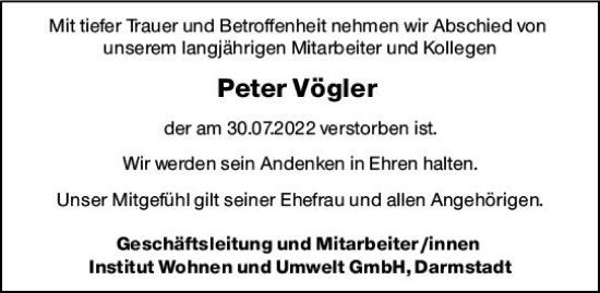 Traueranzeige von Peter Vögler von vrm-trauer Darmstädter Echo