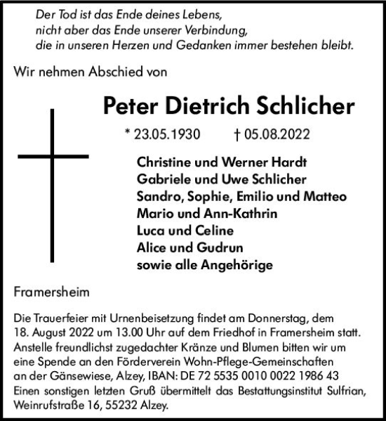 Traueranzeige von Peter Dietrich Schlicher von vrm-trauer Allgemeine Zeitung Alzey