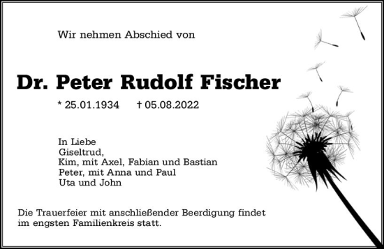 Traueranzeige von Peter Rudolf Fischer von vrm-trauer Rüsselsheimer Echo / MainSpitze