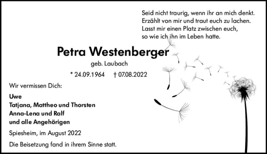 Traueranzeige von Petra Westenberge von vrm-trauer Allgemeine Zeitung Alzey