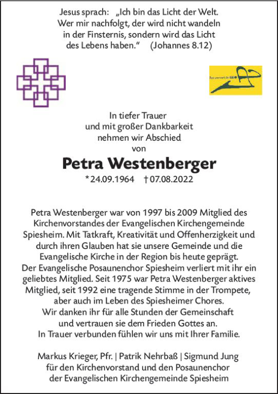 Traueranzeige von Petra Westenberger von vrm-trauer Allgemeine Zeitung Alzey