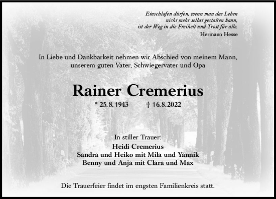 Traueranzeige von Rainer Cremerius von vrm-trauer Groß-Gerauer Echo