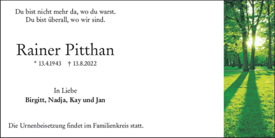 Traueranzeige von Rainer Pitthan von vrm-trauer Wiesbadener Kurier