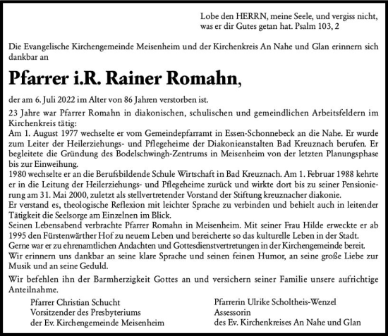 Traueranzeige von Rainer Romahn von vrm-trauer Allg. Zeitung Bad Kreuznach