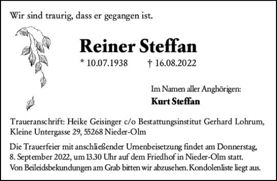 Traueranzeige von Rainer Steffan von vrm-trauer AZ Mainz