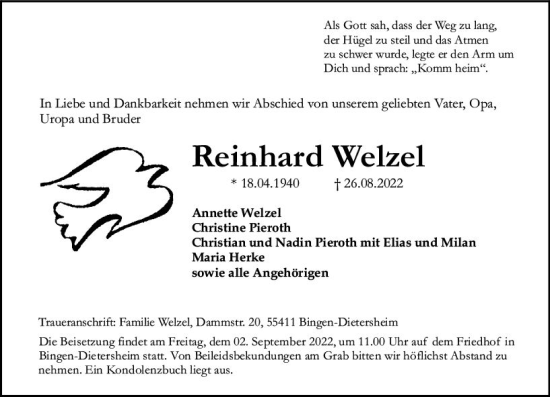 Traueranzeige von Reinhard Welzel von vrm-trauer Allgemeine  Zeitung Ingelheim-Bingen