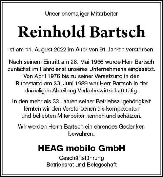 Traueranzeige von Reinhold Bartsch von vrm-trauer Darmstädter Echo
