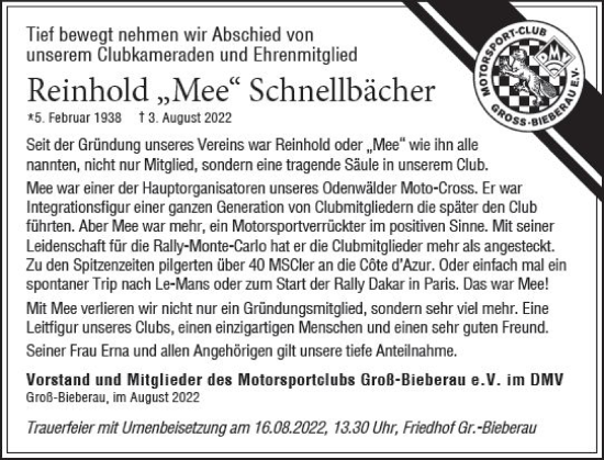 Traueranzeige von Reinhold Schnellbacher von vrm-trauer Darmstädter Echo