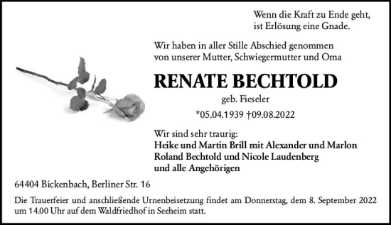 Traueranzeige von Renate Bechtold von vrm-trauer Darmstädter Echo