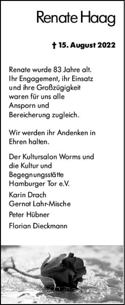 Traueranzeige von Renate Haag von vrm-trauer Wormser Zeitung