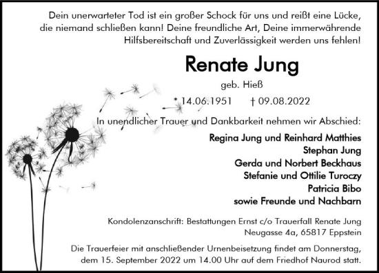 Traueranzeige von Renate Jung von vrm-trauer Wiesbadener Kurier