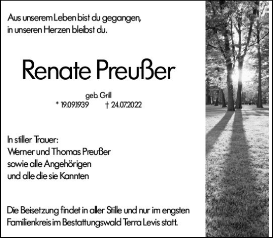 Traueranzeige von Renate Preußer von vrm-trauer AZ Mainz