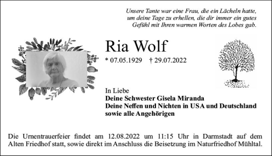 Traueranzeige von Ria Wolf von vrm-trauer Darmstädter Echo
