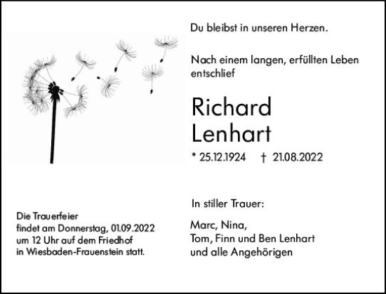 Traueranzeige von Richard Lenhart von vrm-trauer Wiesbadener Kurier