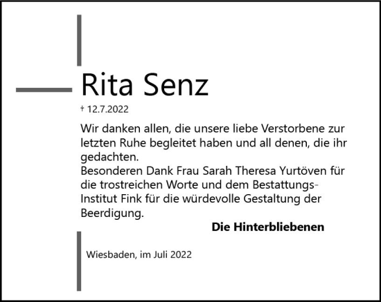 Traueranzeige von Rita Senz von vrm-trauer Wiesbadener Kurier