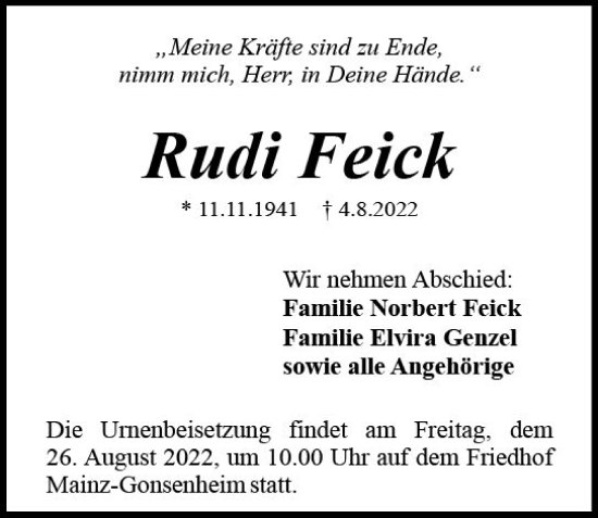 Traueranzeige von Rudi Feick von vrm-trauer AZ Mainz