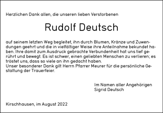 Traueranzeige von Rudolf Deutsch von vrm-trauer Bürstädter/Lamperth. Ztg/Starkenburger