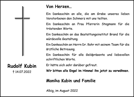 Traueranzeige von Rudolf Kubin von vrm-trauer Allgemeine Zeitung Alzey