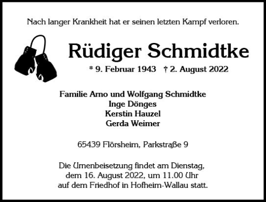 Traueranzeige von Rüdiger Schmidtke von vrm-trauer Wiesbadener Kurier
