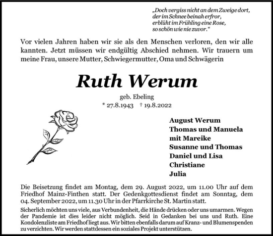Traueranzeige von Ruth Werum von vrm-trauer AZ Mainz