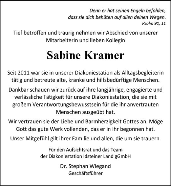 Traueranzeige von Sabine Kramer von vrm-trauer Idsteiner Zeitung
