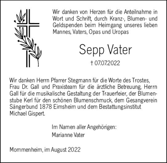 Traueranzeige von Sepp Vater von vrm-trauer AZ Mainz