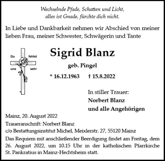 Traueranzeige von Sigrid Blanz von vrm-trauer AZ Mainz