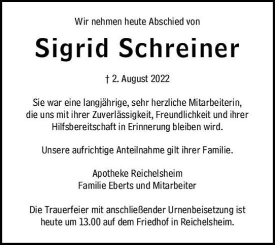 Traueranzeige von Sigrid Schreiner von vrm-trauer Odenwälder Echo