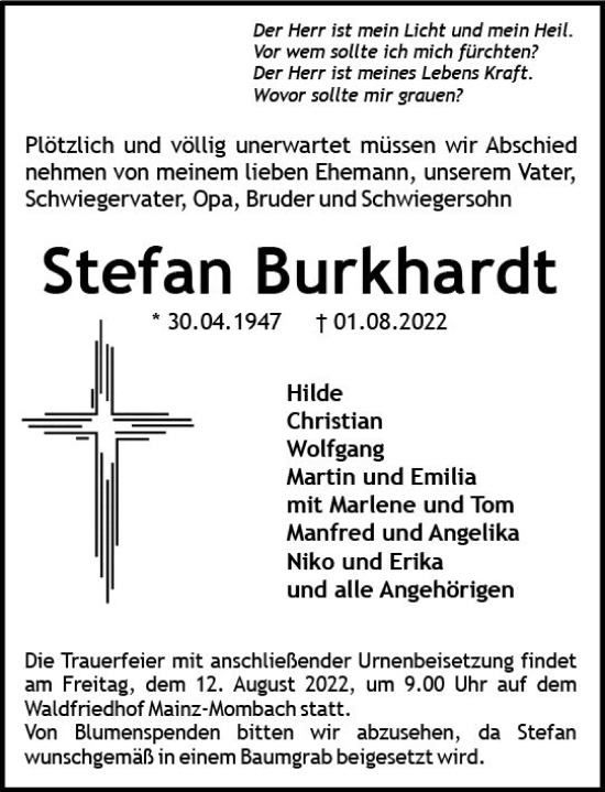 Traueranzeige von Stefan Burkhardt von vrm-trauer AZ Mainz