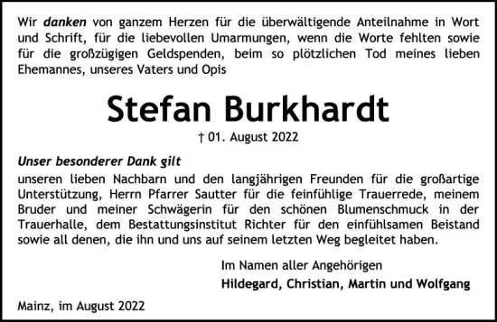 Traueranzeige von Stefan Burkhardt von vrm-trauer AZ Mainz