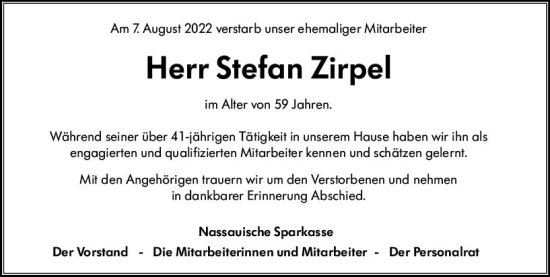 Traueranzeige von Stefan Zirpel von vrm-trauer Wiesbadener Kurier
