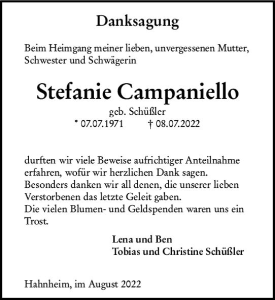 Traueranzeige von Stefanie Campaniello von vrm-trauer AZ Mainz