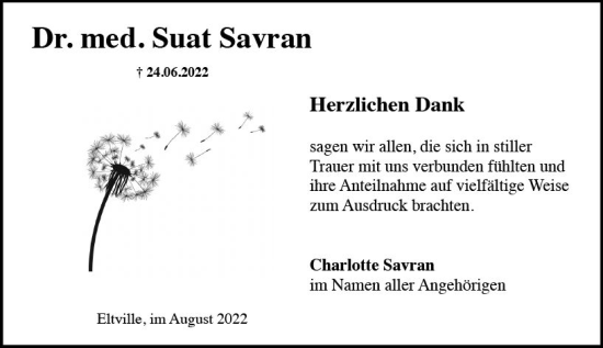 Traueranzeige von Suat Savran von vrm-trauer Rheingau