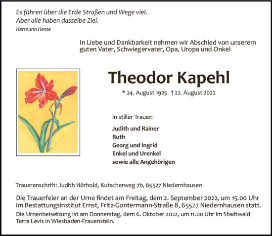 Traueranzeige von Theodor Kapehl von vrm-trauer Wiesbadener Kurier