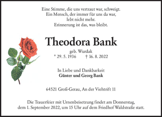 Traueranzeige von Theodora Bank von vrm-trauer Groß-Gerauer Echo