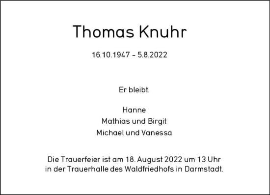 Traueranzeige von Thomas Knuhr von vrm-trauer Darmstädter Echo