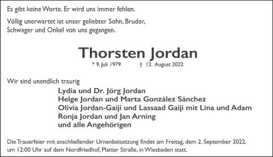 Traueranzeige von Thorsten Jordan von vrm-trauer Wiesbadener Kurier