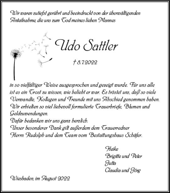 Traueranzeige von Udo Sattler von vrm-trauer Wiesbadener Kurier