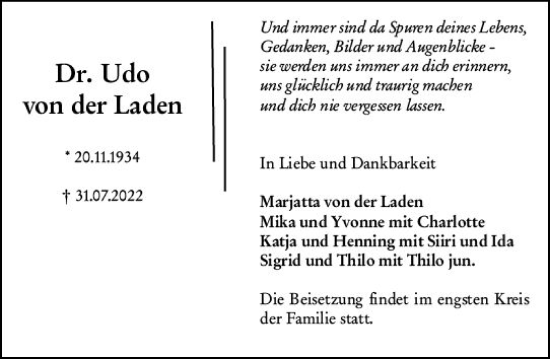 Traueranzeige von Udo von der Laden von vrm-trauer Wiesbadener Kurier