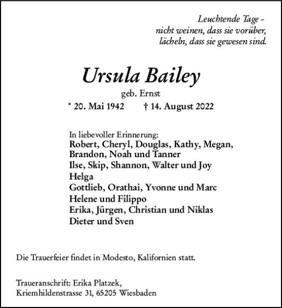 Traueranzeige von Ursula Bailey von vrm-trauer Wiesbadener Kurier
